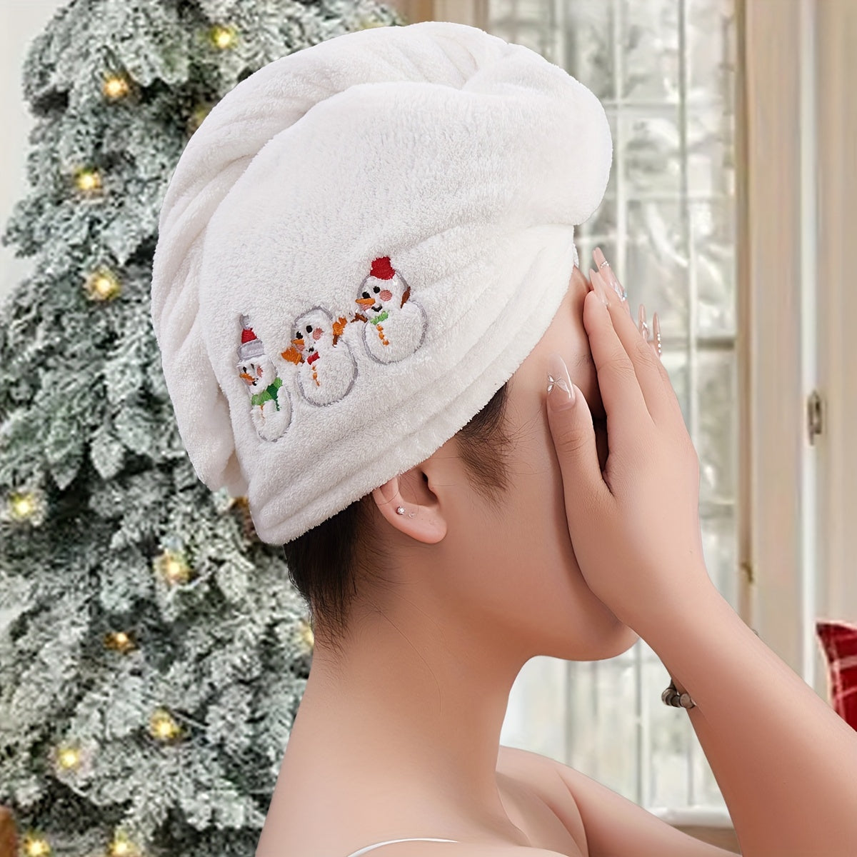 Festive Christmas towel wrap with snowman design, quick-dry microfiber, contemporary style. Great holiday gift idea.