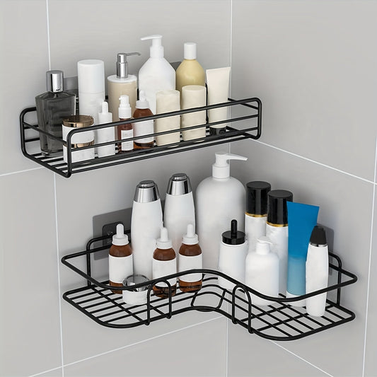 Wall mounted bathroom storage rack for organized bathroom accessories without punching holes.