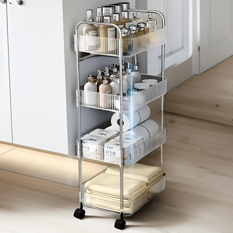 Acrylic rolling storage cart with 3/4 layers, transparent design, 360° rotating wheels, ideal for bedrooms, bathrooms, and kitchens.