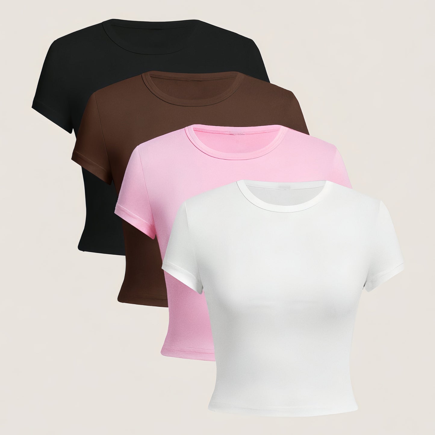 Women's 4pcs Slim Fit Short Sleeve T-Shirts in Black, Brown, Pink, and White. Stretchy, breathable fabric perfect for casual summer wear with round neckline and comfortable fit.