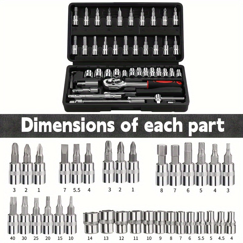 46-piece auto repair kit with carbon steel ratchet wrench sockets, perfect for mechanics and DIYers.