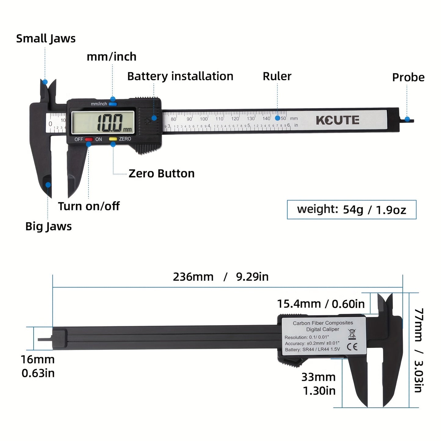 Digital caliper with LCD screen, auto-off feature, inch and millimeter conversion.