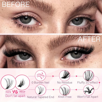 200pcs of natural look individual eyelashes in wispy cluster style, 8-16mm length, available in 30, 40, or 80D curl. Beginner-friendly and reusable for DIY fluffy extensions.