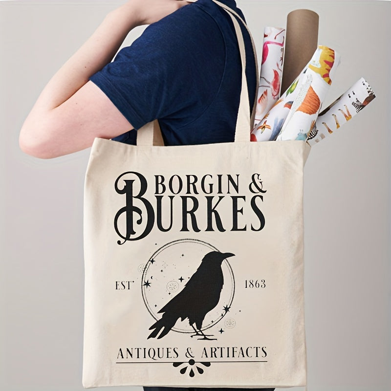 Borgin And Burkes" Crow Pattern Canvas Tote Bag, Reusable Shopping Bag - 1 piece