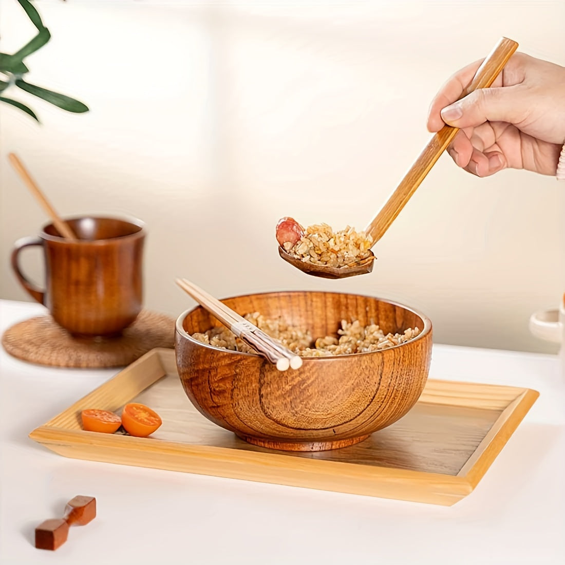 Handcrafted Wooden Soup Ladle/Spoon with Long Bamboo Handle - Kitchen Utensil for Food Contact - Ideal for Straining and Serving Hot Pot