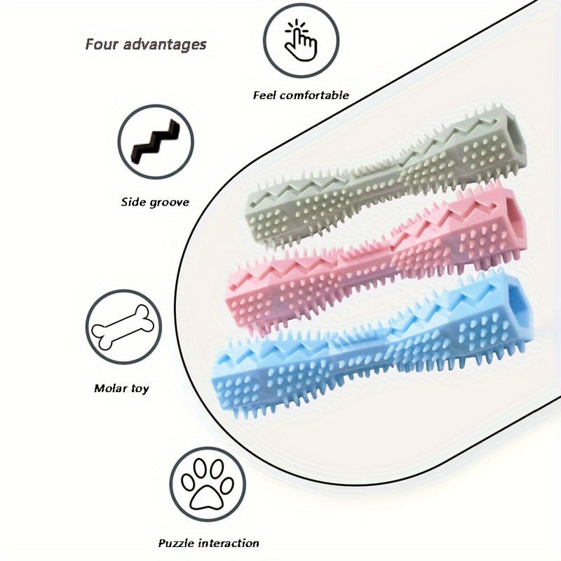 Soft rubber dog toothbrush toy for interactive cleaning and chewing.