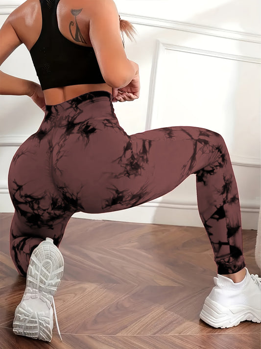 High-waist Peach Lift Tie-Dye Yoga Leggings made of seamless, stretchy & breathable nylon/elastane blend for women. Machine washable.