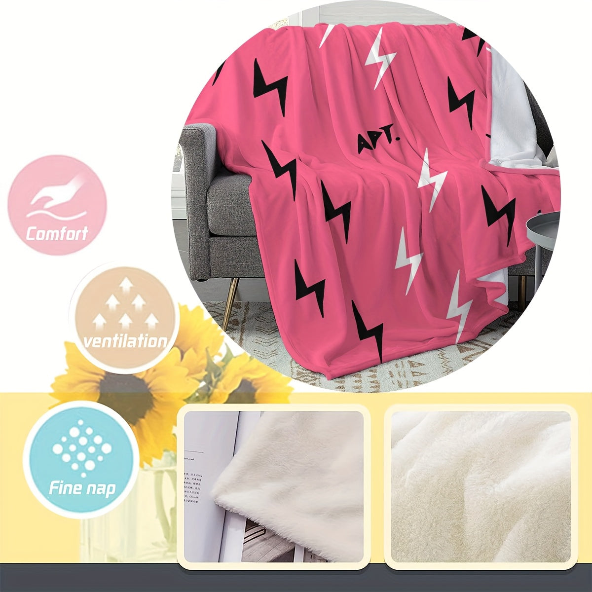 Glamorous Reversible Flannel Fleece Throw Blanket in Music Theme "APT" with Black Lightning Patterns, Ultra Soft and Cozy All-Season Home and Travel Blanket, Easy to Clean in the Machine, Made of 200-250g Polyester.