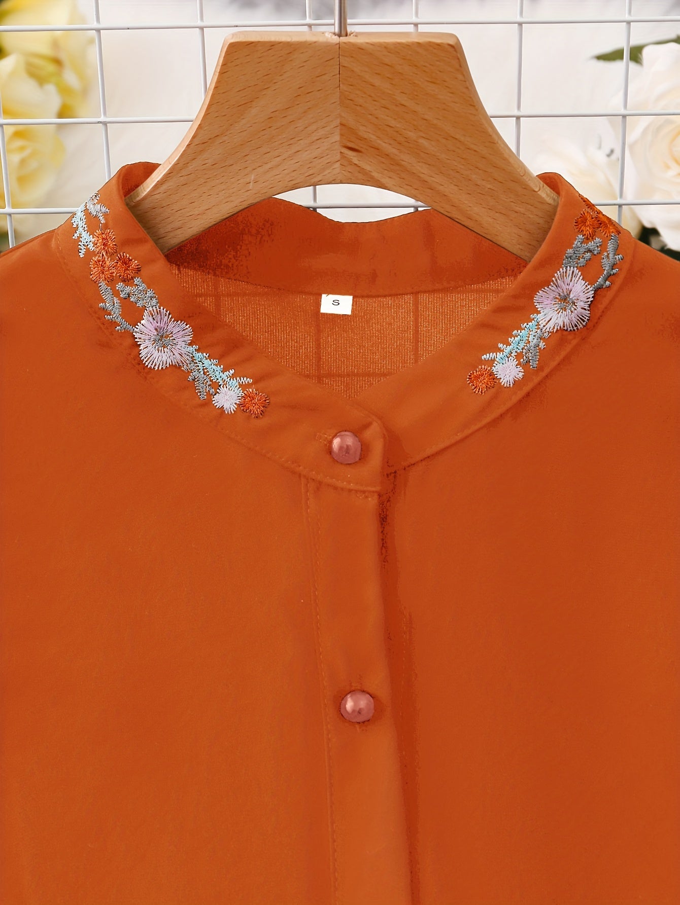 Floral Embroidered Button Front Blouse, Elegant Long Sleeve Women's Top for Spring and Fall