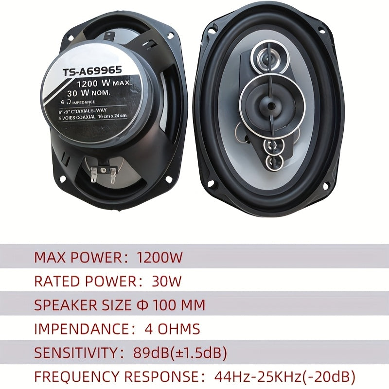 Set of 2, 15.24X22.86 cm (2X1200W) 5-Channel Coaxial Speakers for High Fidelity and Car Upgrades.