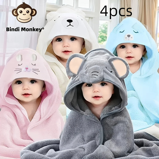 Set of 4 Bindi Monkey Kids Bath Towels - Soft Coral Fleece Material with Adorable Cartoon Design, Great Absorbency for Both Boys and Girls, Ideal Gift for the Holiday Season - Colors: Gray, White, Pink, Blue