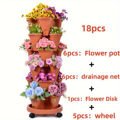 1 set of 6-tier stackable planters with 18 pieces, made of durable plastic with moving wheels and tools. Ideal for growing flowers, herbs, strawberries, and vegetables in indoor or outdoor