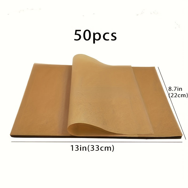 50 pre-cut unbleached parchment paper baking sheets, 22.86x33.02 cm, for various cooking methods including baking, grilling, air frying, steaming, and deep frying.