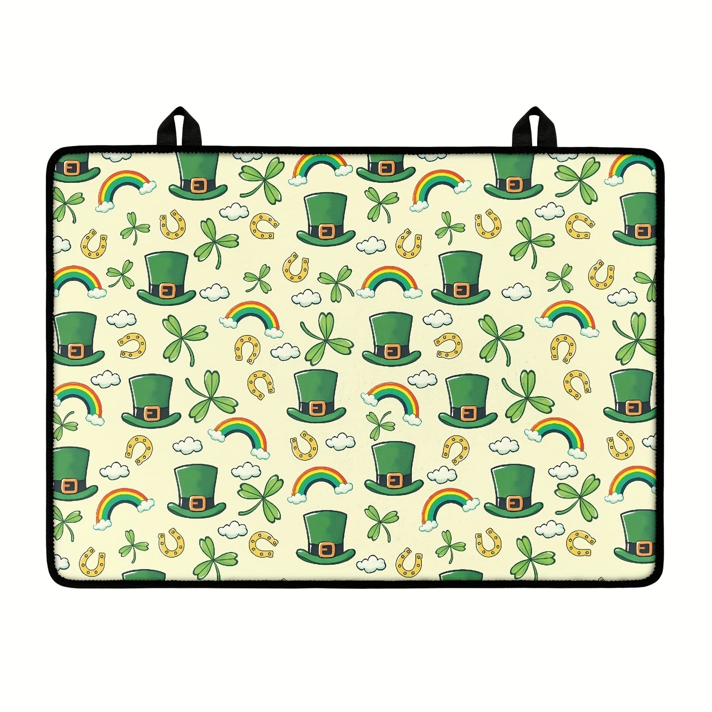 Heat-resistant non-slip stove cover featuring a St. Patrick's Day clover and green hat design. This glass ceramic protector includes a rubber guard and scratch-proof coffee mat, perfect for protecting your kitchen countertop space. It can also be used as