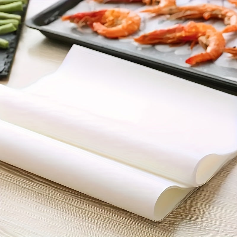 50 pre-cut unbleached parchment paper baking sheets, 22.86x33.02 cm, for various cooking methods including baking, grilling, air frying, steaming, and deep frying.