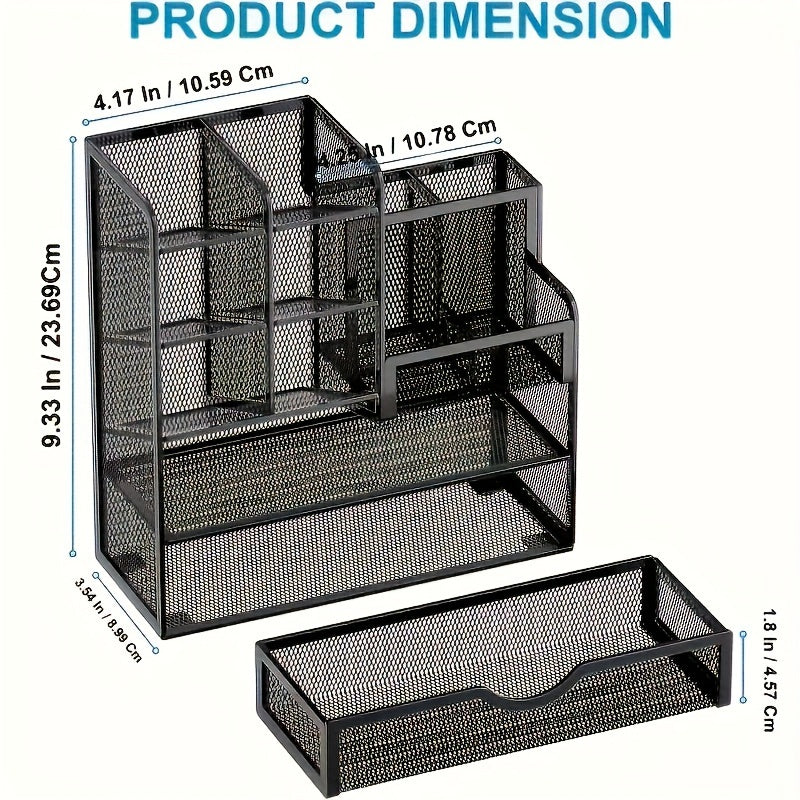 Iron Mesh Desk Organizer with Drawer - Multi-Functional Pencil Holder, Office Art Supplies Storage, Non-Slip Feet, Smooth Edges, Durable Metal Mesh.