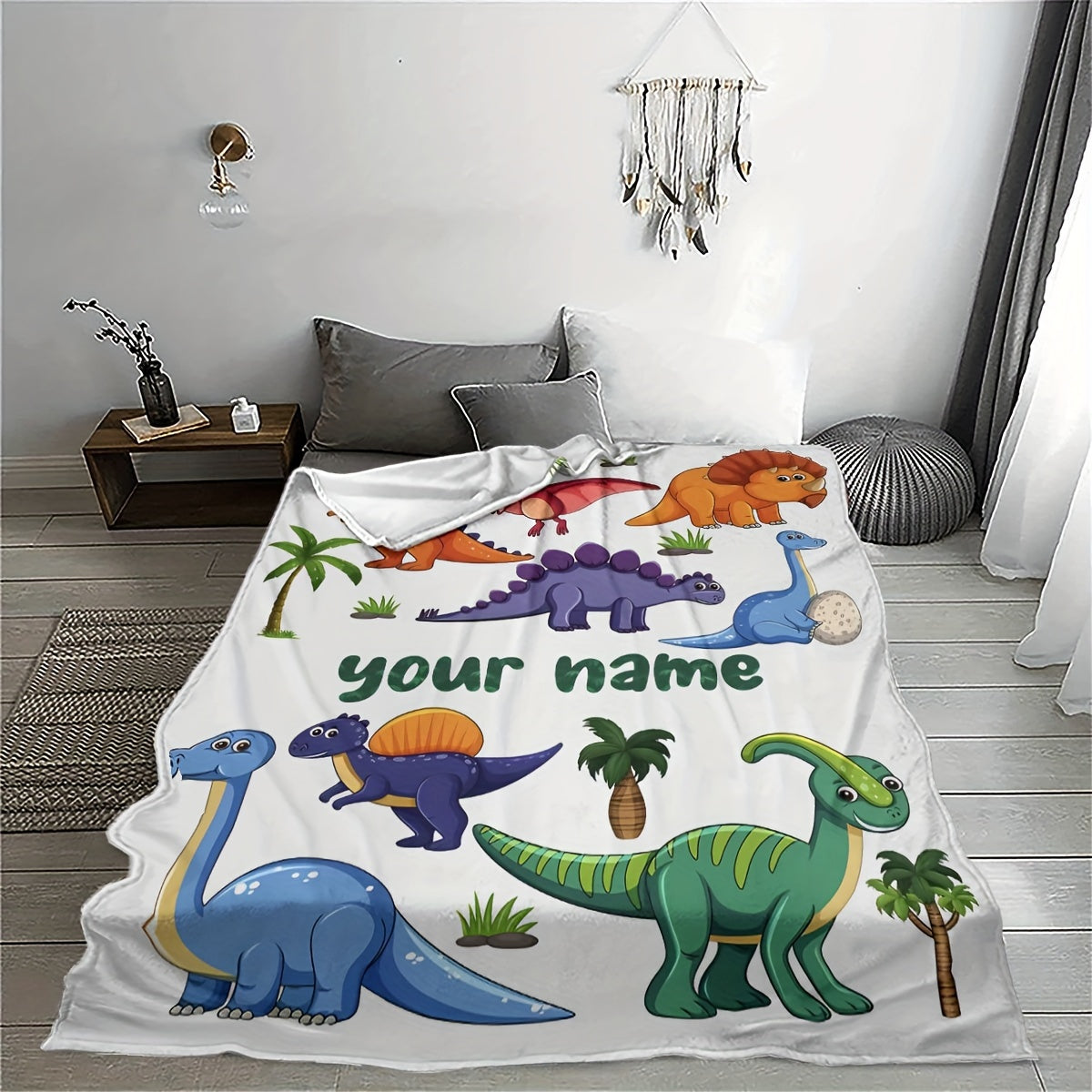 Soft and cozy dinosaur cartoon flannel throw blanket - great for all seasons, makes the perfect gift for bedroom decor.