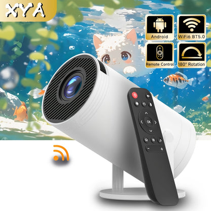 XYA Portable Projector S100 with 720P HD resolution, 120 ANSI Lumens, BT5.0 WiFi, Android 12, 16:9 Aspect Ratio, and Smartphone/Tablet Connectivity. Includes Table Mount, Remote Control