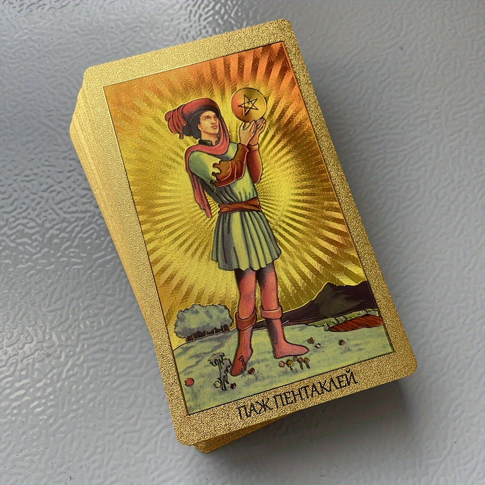 Russian Golden Tarot Deck, 12x7cm, with Russian paper, guide book, Prophet Oracle cards, 78 cards for divination and fortune telling.