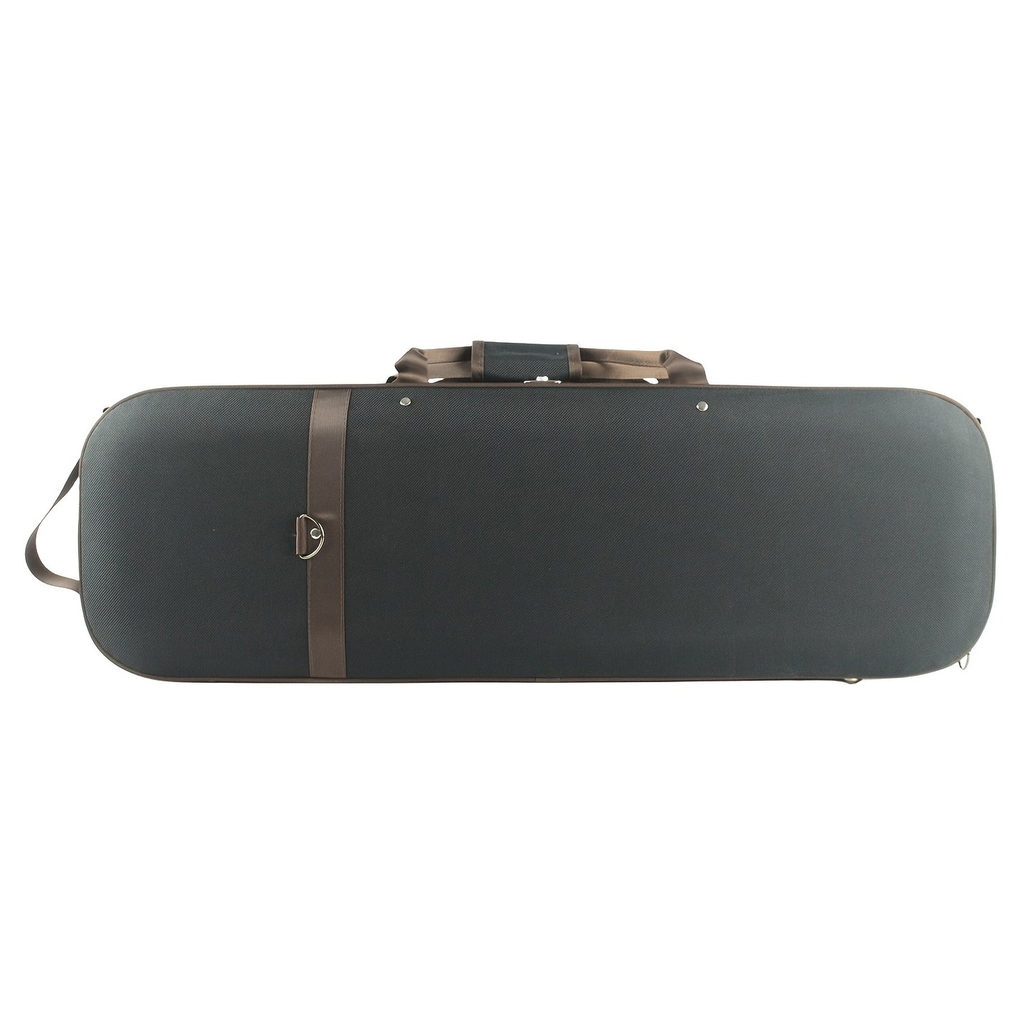 Square violin case with hygrometer and foam padding, black and gold.