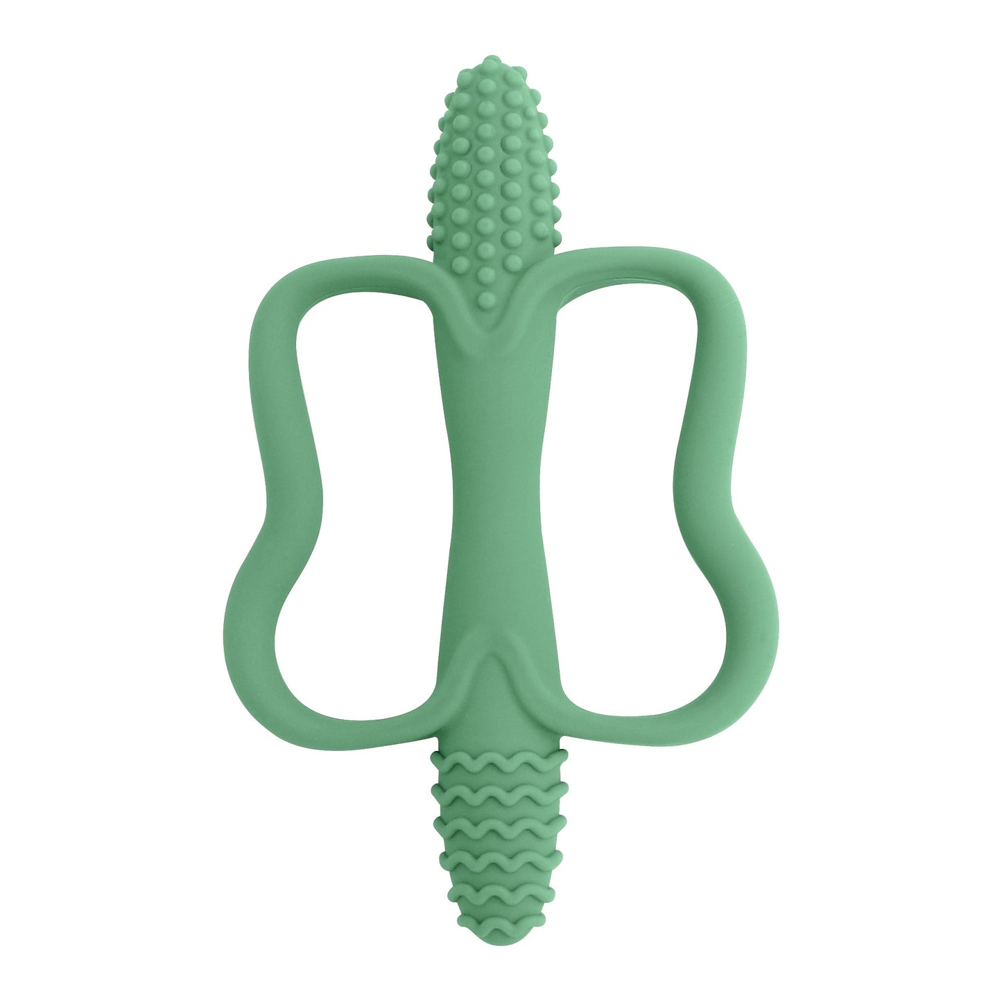 Corn-shaped teething stick with handle, available in 6 colors.