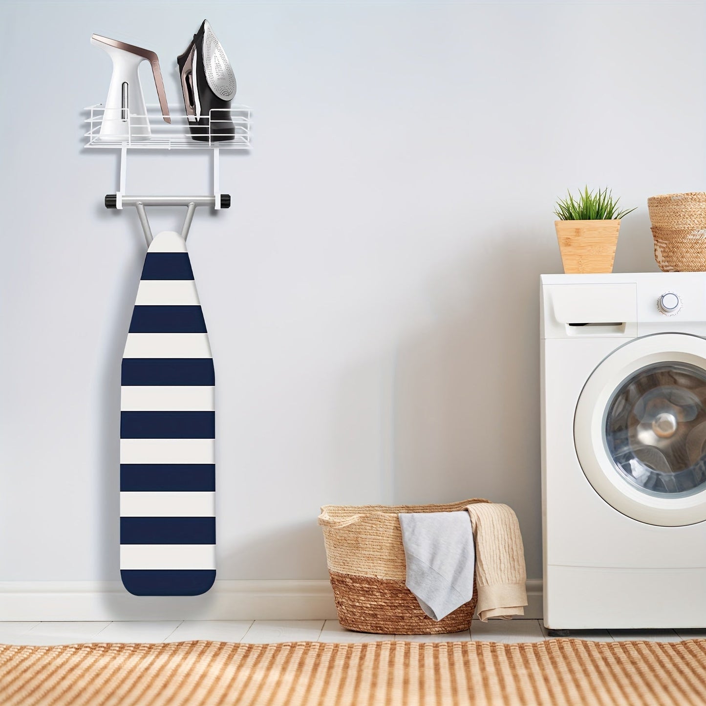 White Wall-Mounted Metal Ironing Board Hanger: Space-Saving Storage Solution for Laundry Room, No Electricity Required