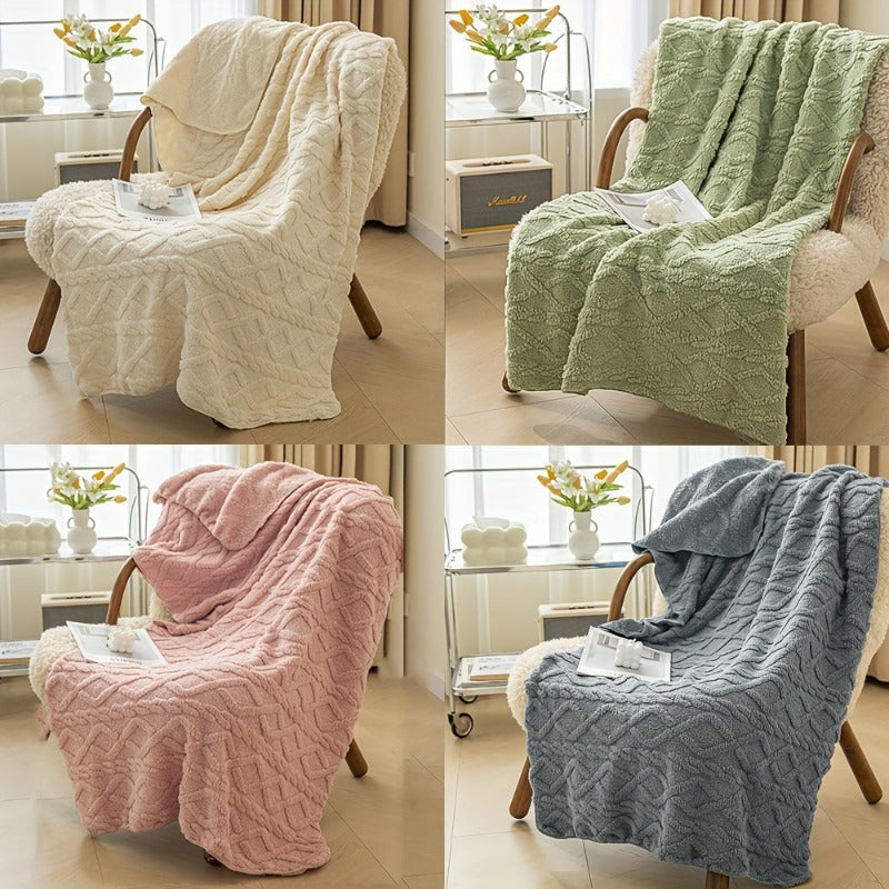 1pc Cozy Plush Fleece Blanket in chic diamond design, perfect for bed, sofa, or travel. Soft, thick, and warm for all-season comfort. Hand wash only. Available in light green, cream, blue, and pink options. Great for travel or adding chic style to your