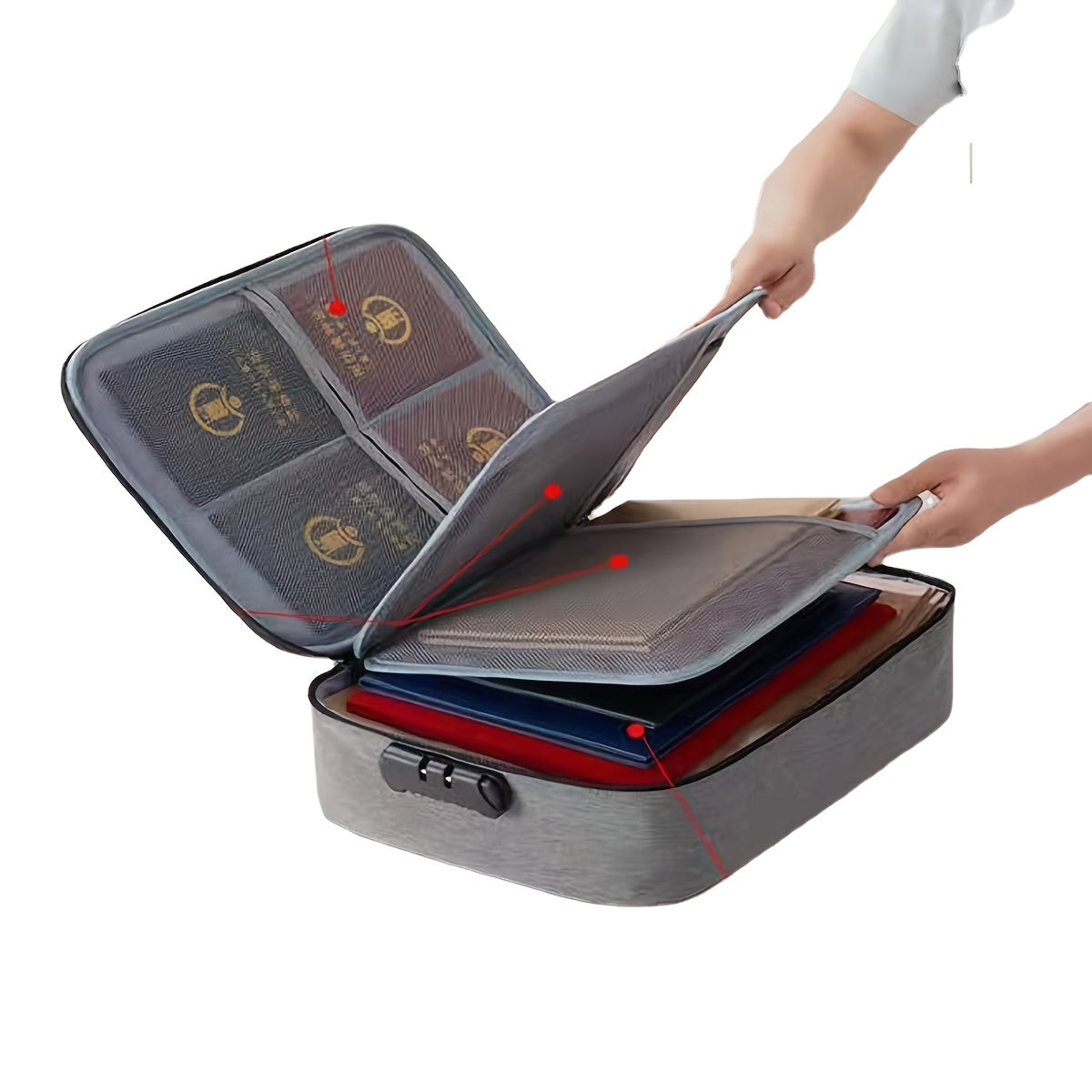 Large capacity multi-layer polyester document organizer for credit cards, driver's license, and important files.