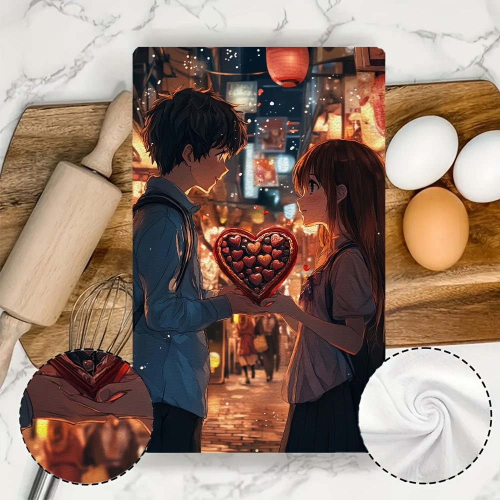 This set includes 2 ultra-soft kitchen towels with a charming design of an anime boy presenting a heart-shaped box of chocolates to a shy girl. These highly absorbent dish towels are ideal for holiday decor, easy to clean in the washing machine, and