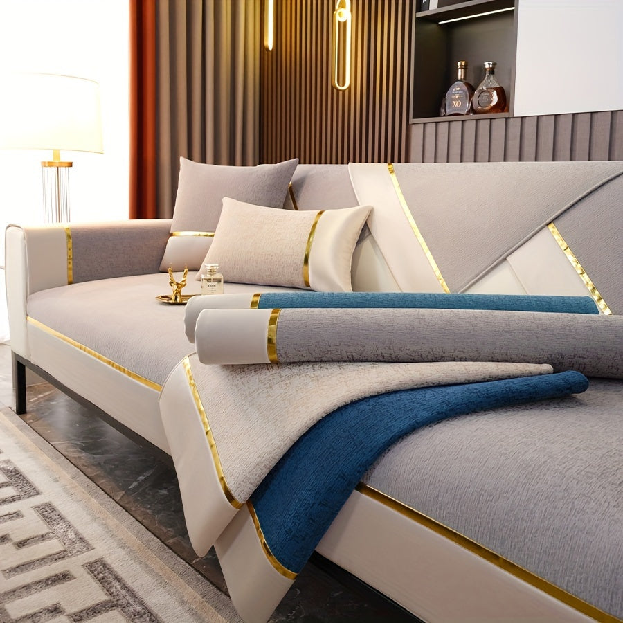 Chenille sofa slipcover with non-slip design and golden edge, ideal for protecting furniture in any room.