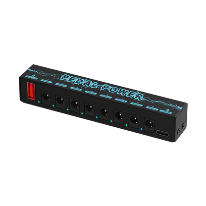 Portable pedal power supply with 8 isolated 9V channels, Type C input, 8 DC outputs, 1 USB output, and short circuit protection.