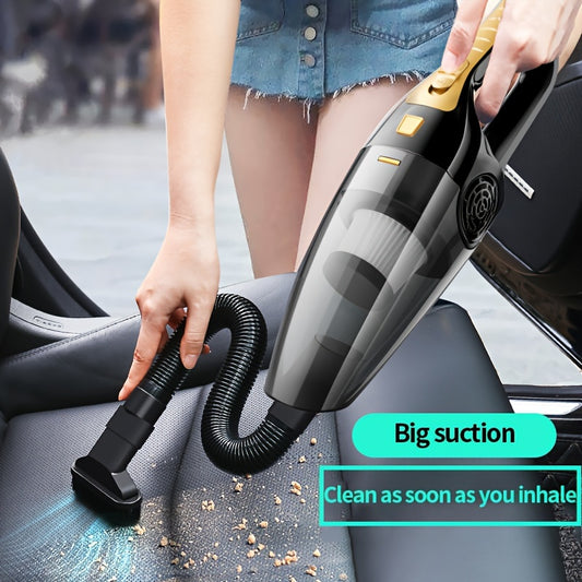 Handheld car vacuum cleaner with 5m cord, 4KPa suction power, 100W, 0.3L dust cup, car plug, one-click dusting, flat nozzle, 60dB noise level - no battery needed.