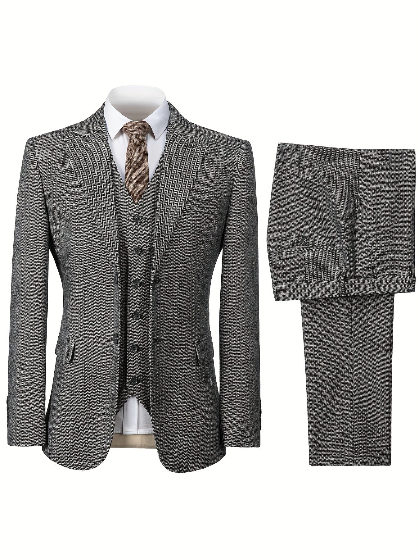 Men's tweed 3-piece suits for formal events, weddings, and business attire in various sizes.