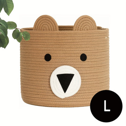 Durable Large Bear-Face Woven Toy Basket in Neutral Brown - Perfect for Clothes & Toy Storage in Nursery and Living Room