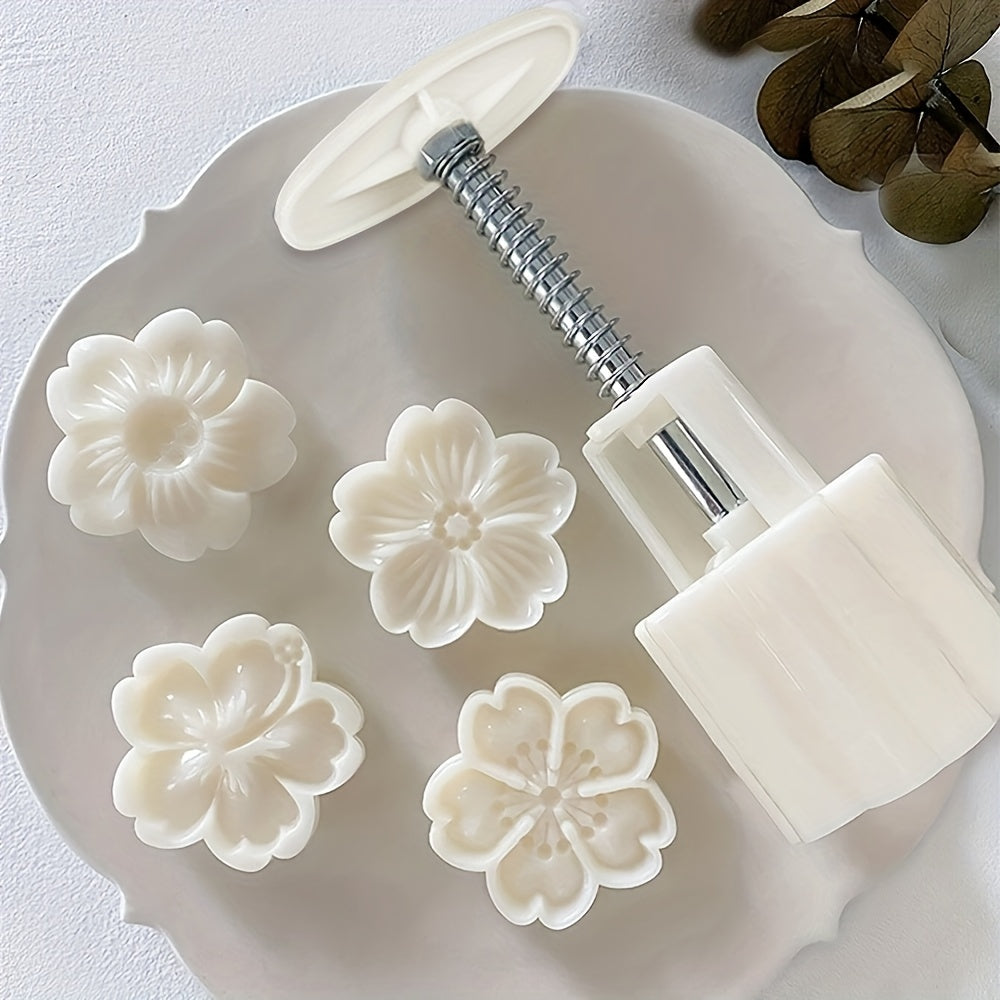 Flower Cookie Press Set with 5 Pieces - Create Beautiful Mooncakes and Pastries with Intricate White Flower Designs, Made of ABS Plastic, Perfect for Elegant Baking during Christmas and Halloween, Must-Have Kitchen Essentials.