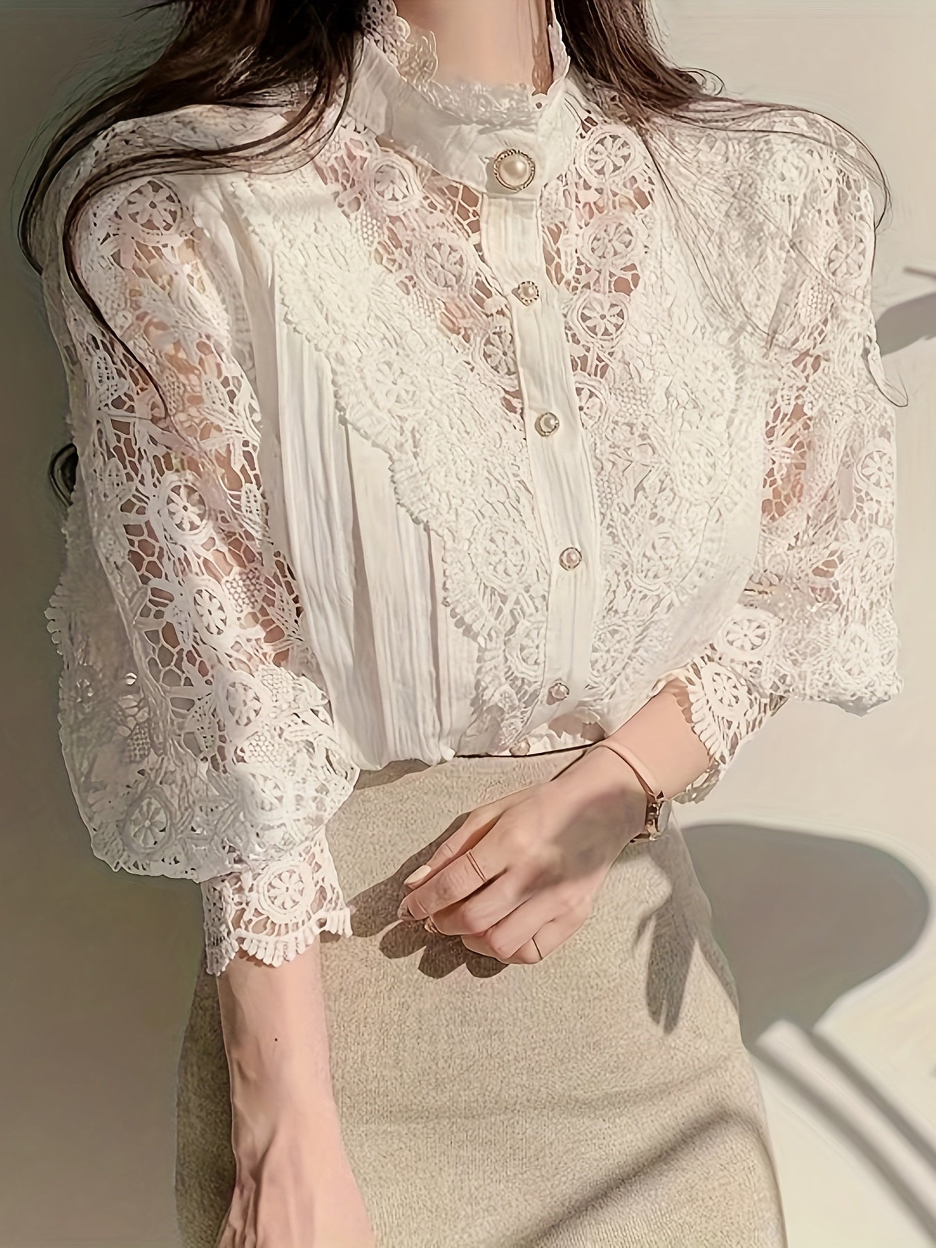 Spring and Autumn Lace Hollow Flower Panel Button Heavy Industry Long-Sleeved Standing Neck Shirt.