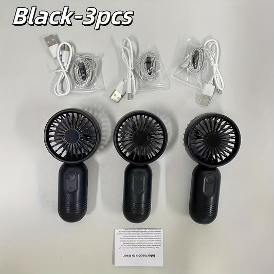 Mini fan set includes 3 pieces of portable fans with lanyards for neck hanging, USB charging, and 3 adjustable speeds. Ideal for staying cool in hot weather, this makeup and handheld fan is perfect for office, outdoor activities, travel, and camping. A