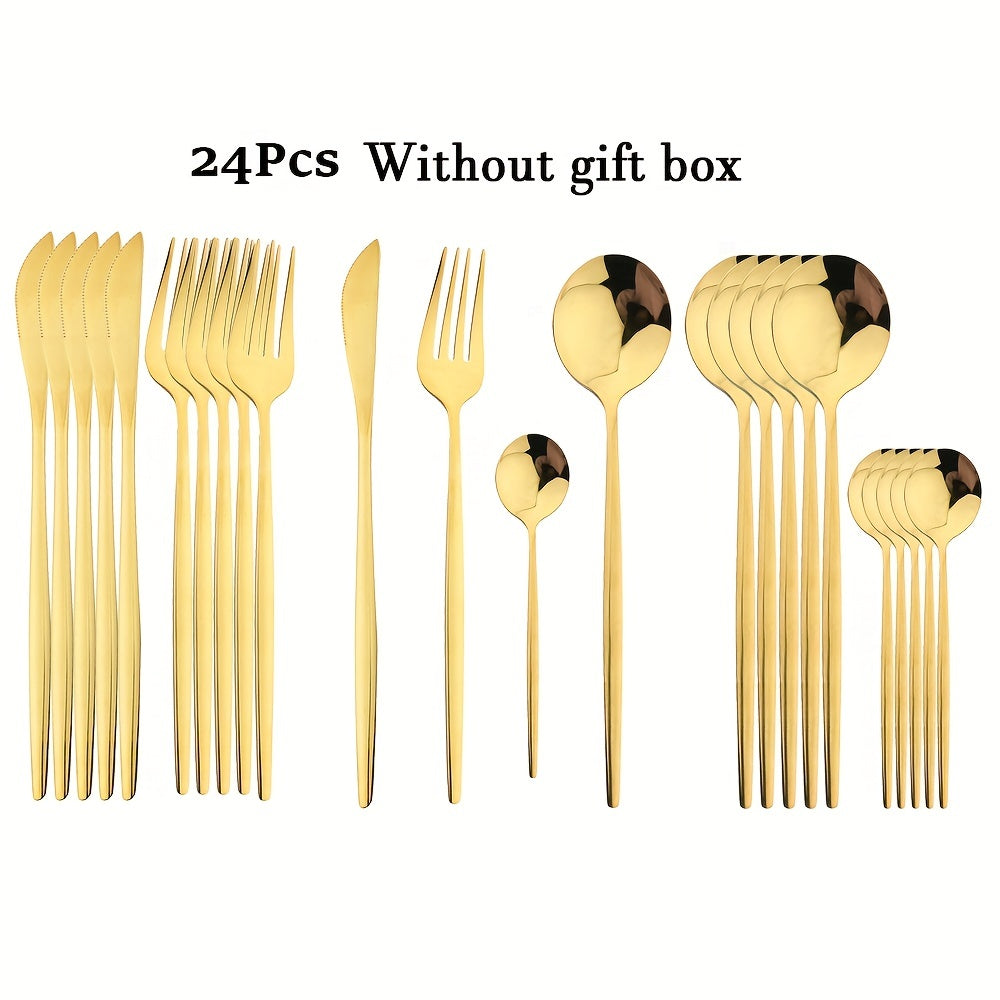 24-piece black handle gold cutlery set made of stainless steel for kitchen or dining use, perfect for gifting.