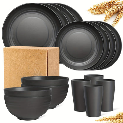 High-quality straw tableware set includes 16 unbreakable pieces that are microwave and dishwasher safe. The set consists of 8 black plates, 4 bowls, and 4 cups.