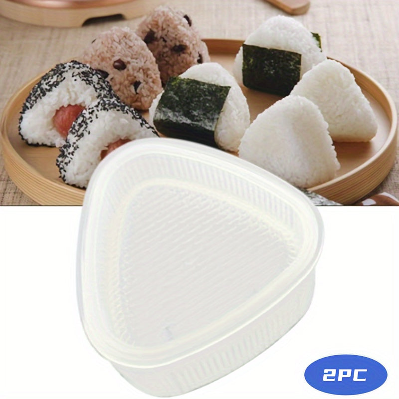 Clear plastic sushi mold with lid for making triangle-shaped rice balls at home or in restaurants. Suitable for beginners and professionals in sushi making.