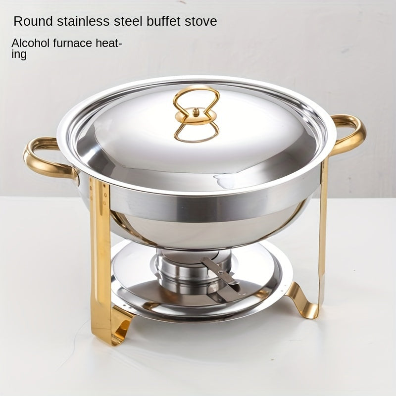 Upgrade your kitchen or catering setup with this 4.5L round stainless steel chafing dish buffet set. Perfect for parties, banquets, and other events, this set includes a tray, pan, lid, and stand for all your serving needs. Get your business supplies and