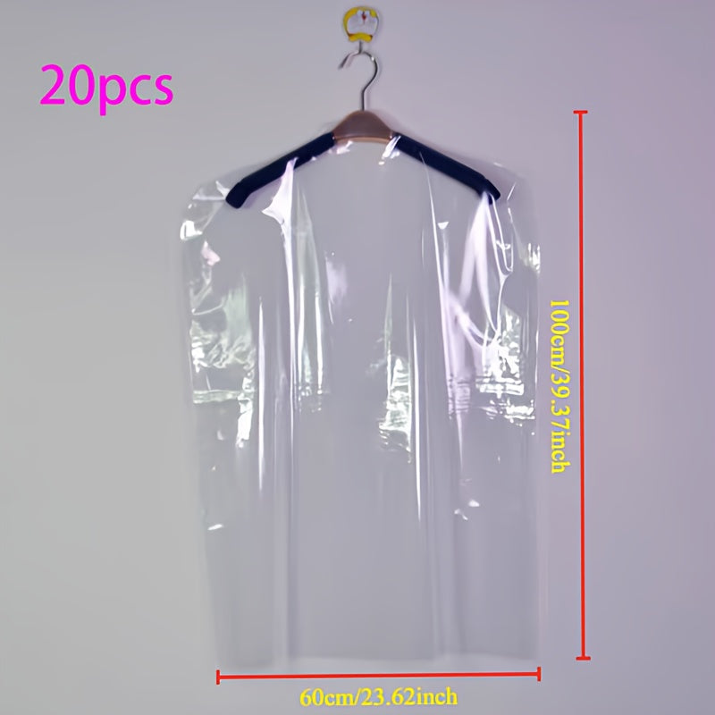 Transparent plastic garment bags, 20/50 pieces in a pack, designed for storing clothes like suits, shirts, dresses, and coats. These dustproof storage covers are perfect for keeping your wardrobe organized in the bedroom or dormitory. Easy to carry and