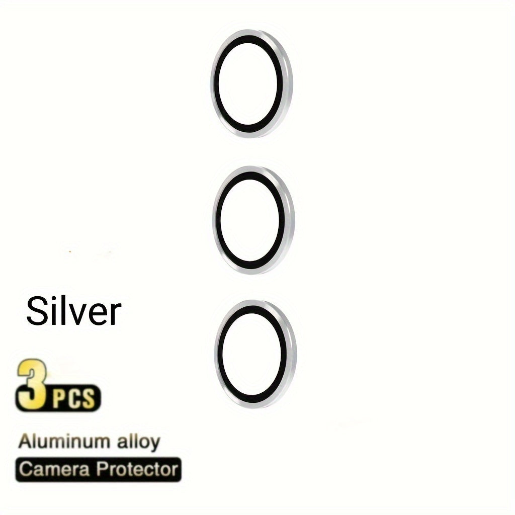 Set of 3 camera metal rings and tempered glass lens protectors for various Samsung Galaxy models.