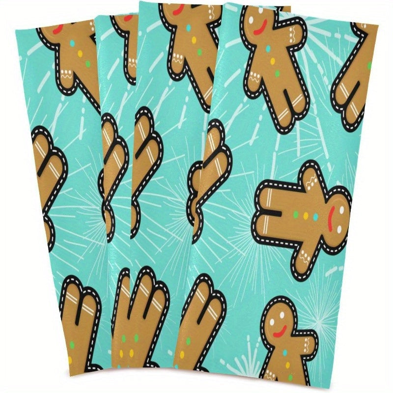 Set of four 45.72*66.04 cm kitchen towels perfect for Christmas party decoration. These festive towels create a warm ambiance and make a great gift for couples during the holiday season. Featuring a soft Christmas gingerbread man design with a rough