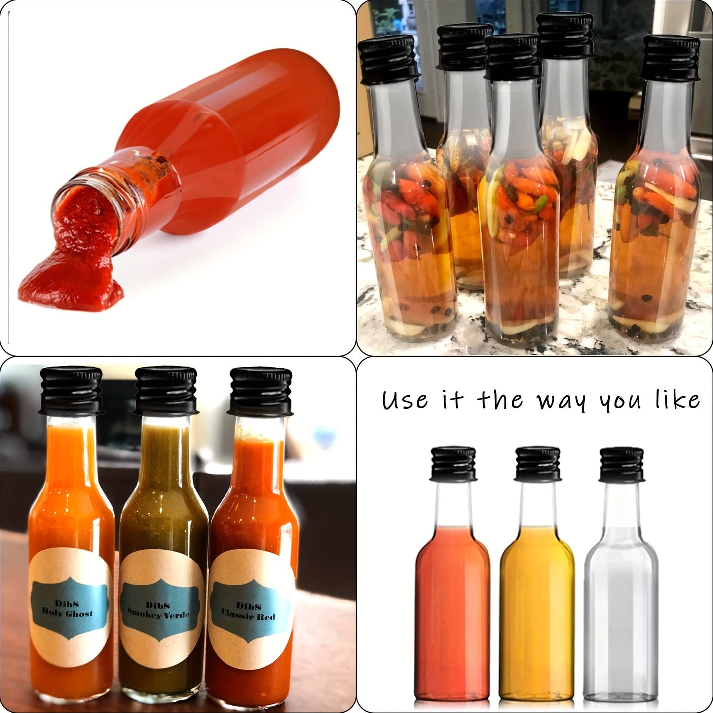 Get a set of 24 5oz Mini Clear Plastic Bottles with Leak-Proof Black Screw Caps, perfect for storing condiments, sauces, and liquor. Made of reusable, odorless PET plastic, these bottles are ideal for use in the kitchen, at parties, and during picnics.