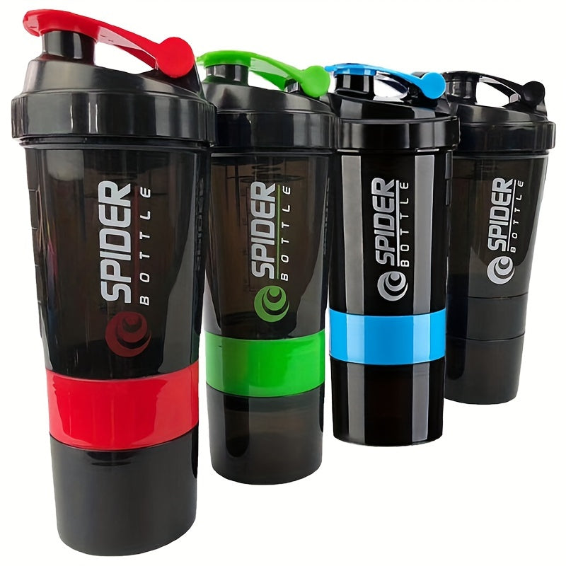 16oz sports water bottle with non-slip three-layer design, twistable mixer for protein powder, leak-proof, and storage for shaking.