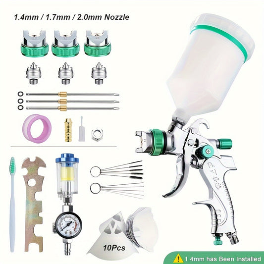 Green stainless steel 2008 model spray gun with 1.4/1.7/2.0mm nozzle, 600cc paint cup, pressure gauge, 1/4" interface, HVLP design with adjustable flow for painting various surfaces.