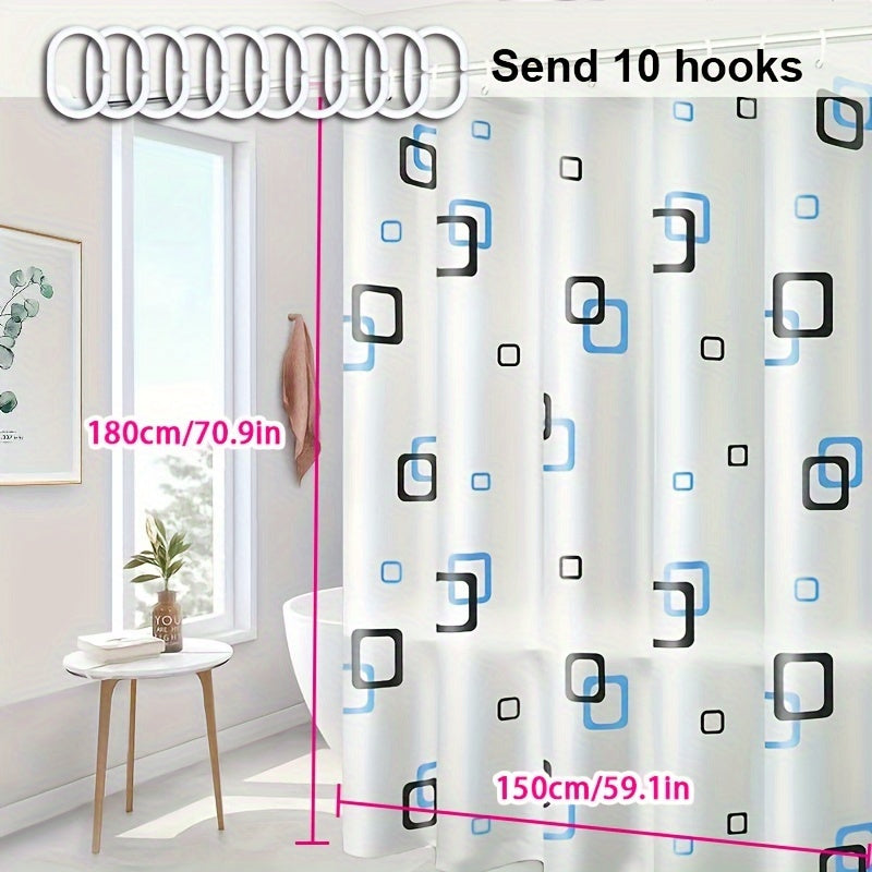 Waterproof PEVA shower curtain for bathroom partition, no-drill installation.