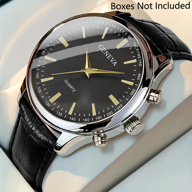 Men's quartz wrist watch with alloy case and faux leather strap. Features round dial, anti-seismic design, and button battery for fashionable business wear.