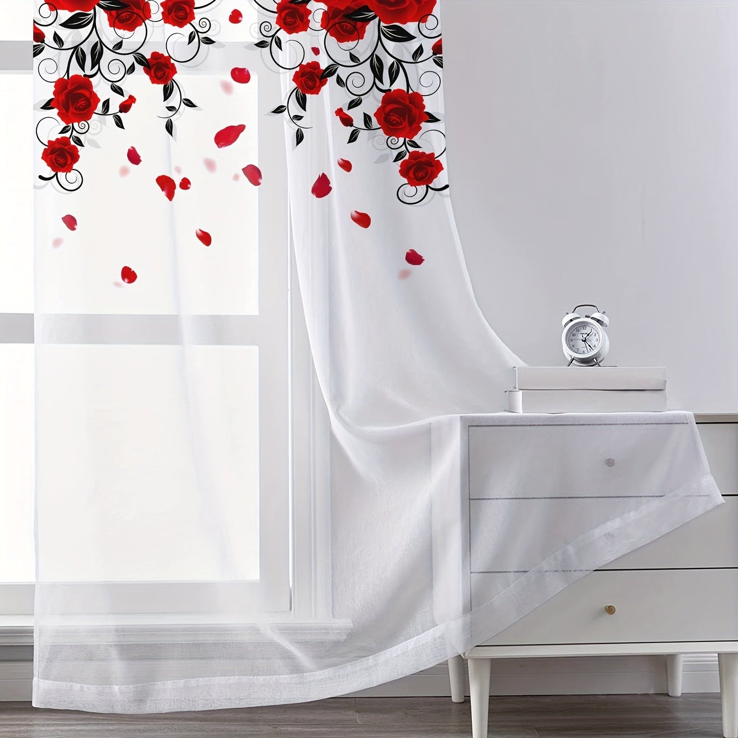 Red Rose Printed Curtain with Rod Pocket for Bedroom, Office, Kitchen, Living Room, Study - Home Decor, Aesthetic Room Decoration